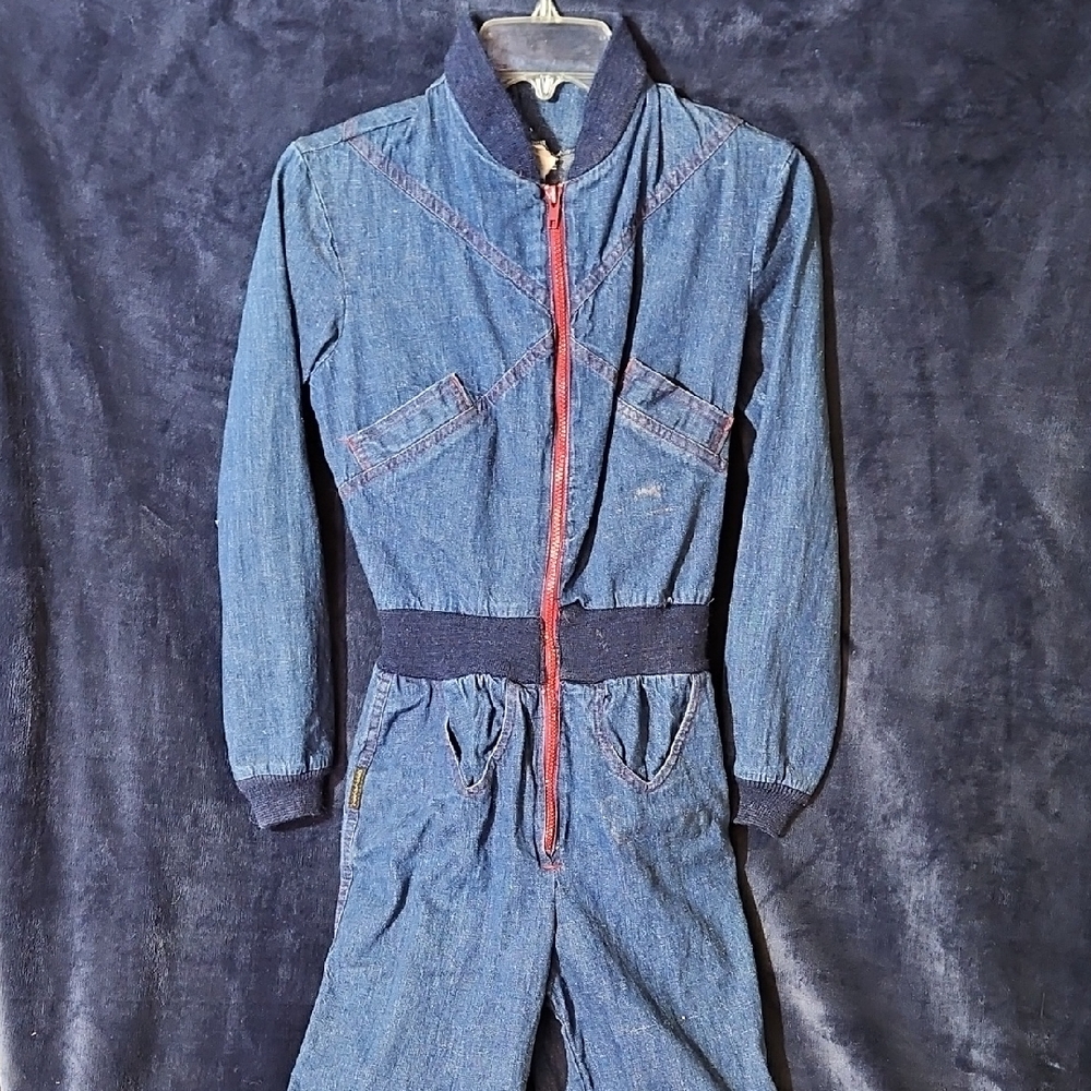 Vintage Denim Jumpsuit with Red Zipper
